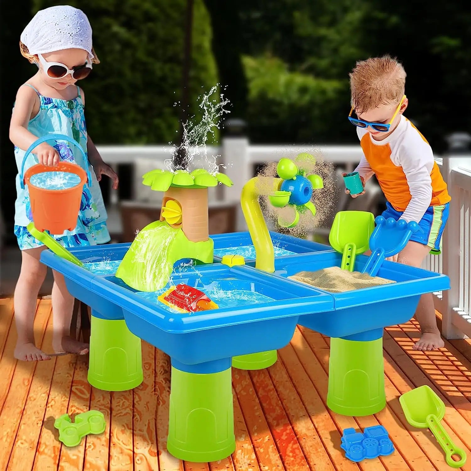 4-in-1 Portable Water Play Table for Toddlers - Sensory Splash Table with 24PCS Beach Toys for Kids