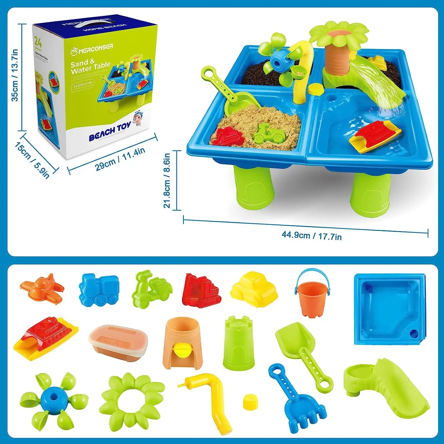 4-in-1 Portable Water Play Table for Toddlers - Sensory Splash Table with 24PCS Beach Toys for Kids