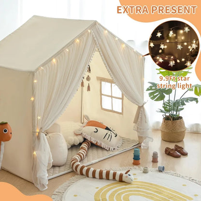 Enchanted Princess Castle Play Tent  - Large Indoor Playhouse with Pompoms Curtain and Star Lights